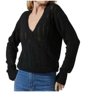 NWT ASTR The‎ Label Women's Black Wrap Front Pointelle Sweater Size M
